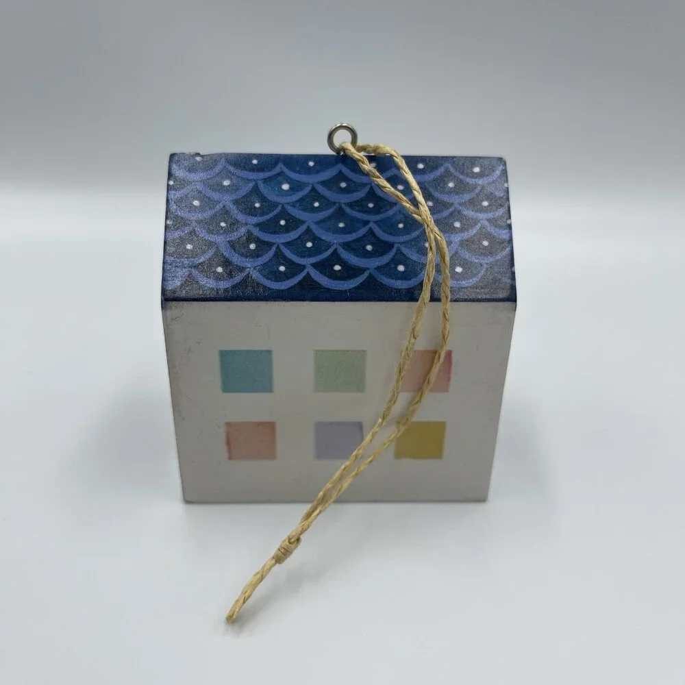 2013 Crate & Barrel Jen Corace Wooden House Christmas Ornament Hearts & Home